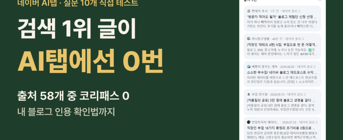 네이버 AI탭 인용 확인법|블로그 검색 1위 글로 질문 10개 테스트, 출처 58개 중 0개였던 이유