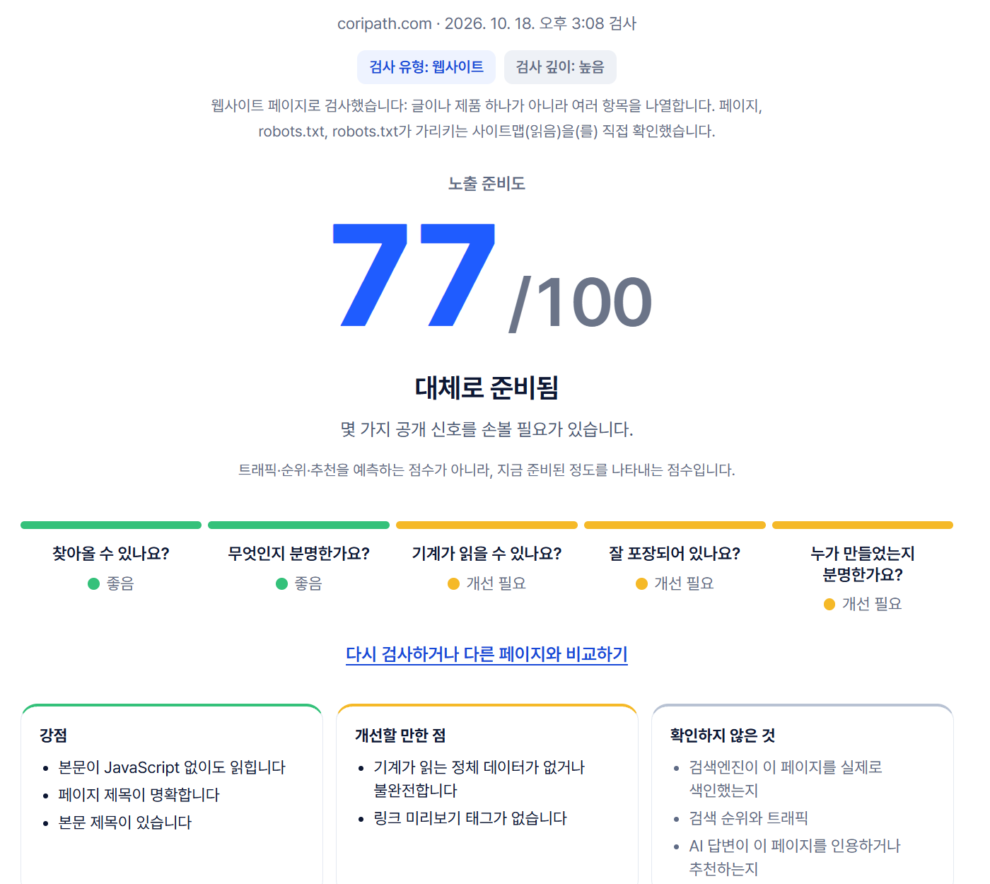 coripath.com AI 검색 준비도 검사 결과 77점